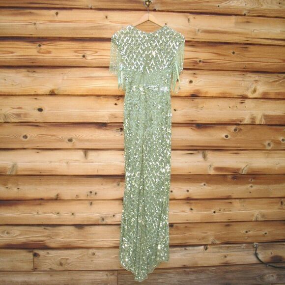 MAC DUGGAL 4908 Green High Neck Sleeveless Beaded Fringe Fitted Gown Dress - Picture 10 of 13